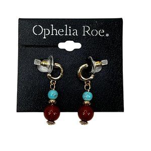 Ophelia Roe Women's Hoop With Two Beads Studded Earrings Blue Brown New